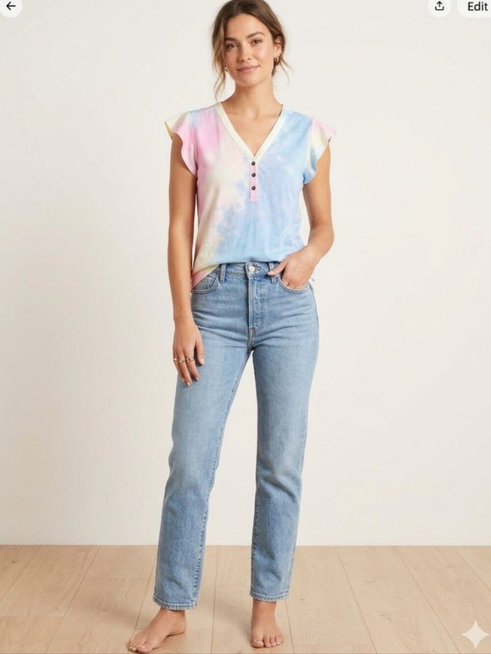 NWT amaryllis Pastel Tie-Dye Ruffle Cap Sleeve V-Neck Top